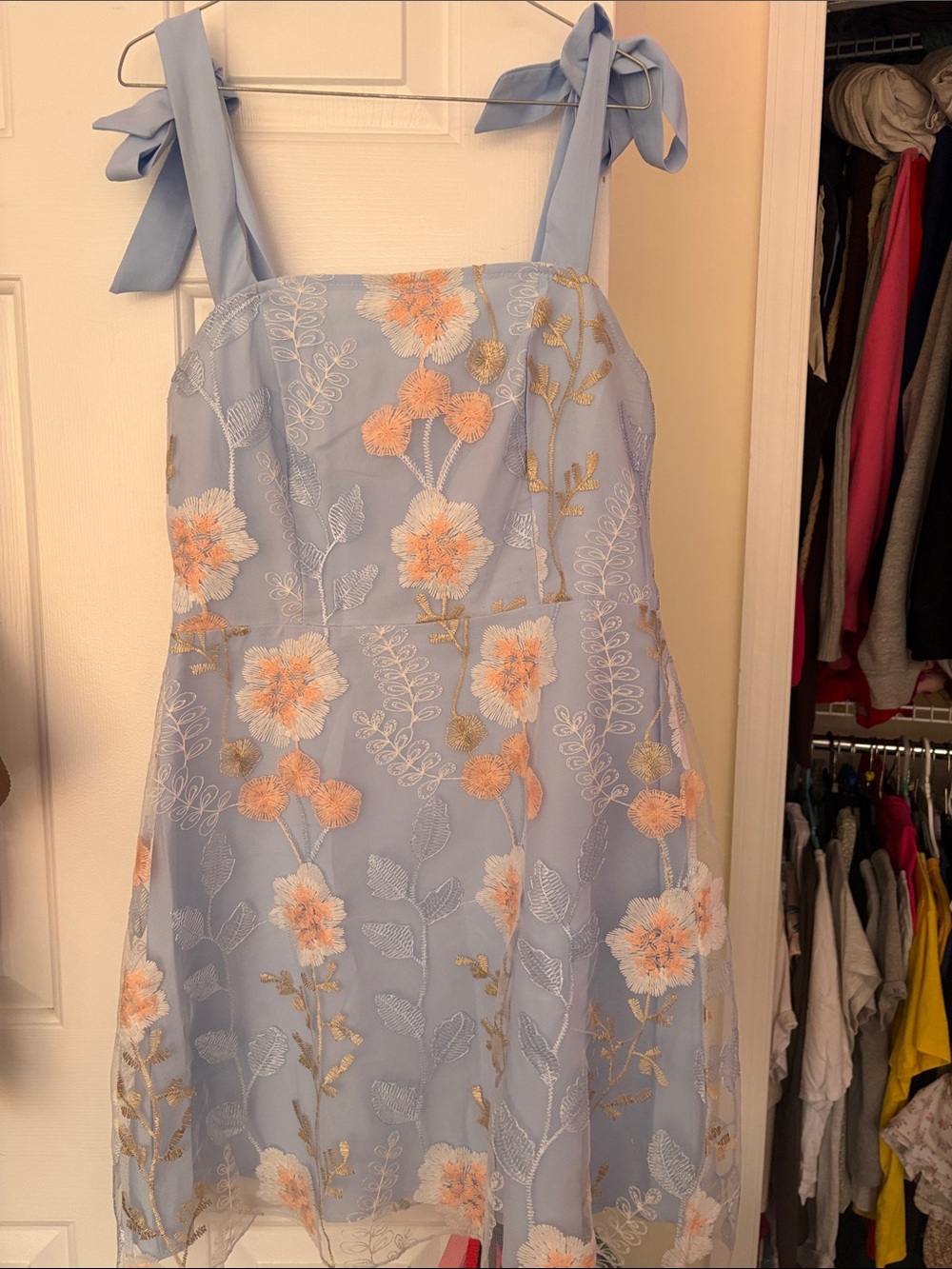 House of CB Light Blue Floral Embroidered Tie-Shoulder Dress